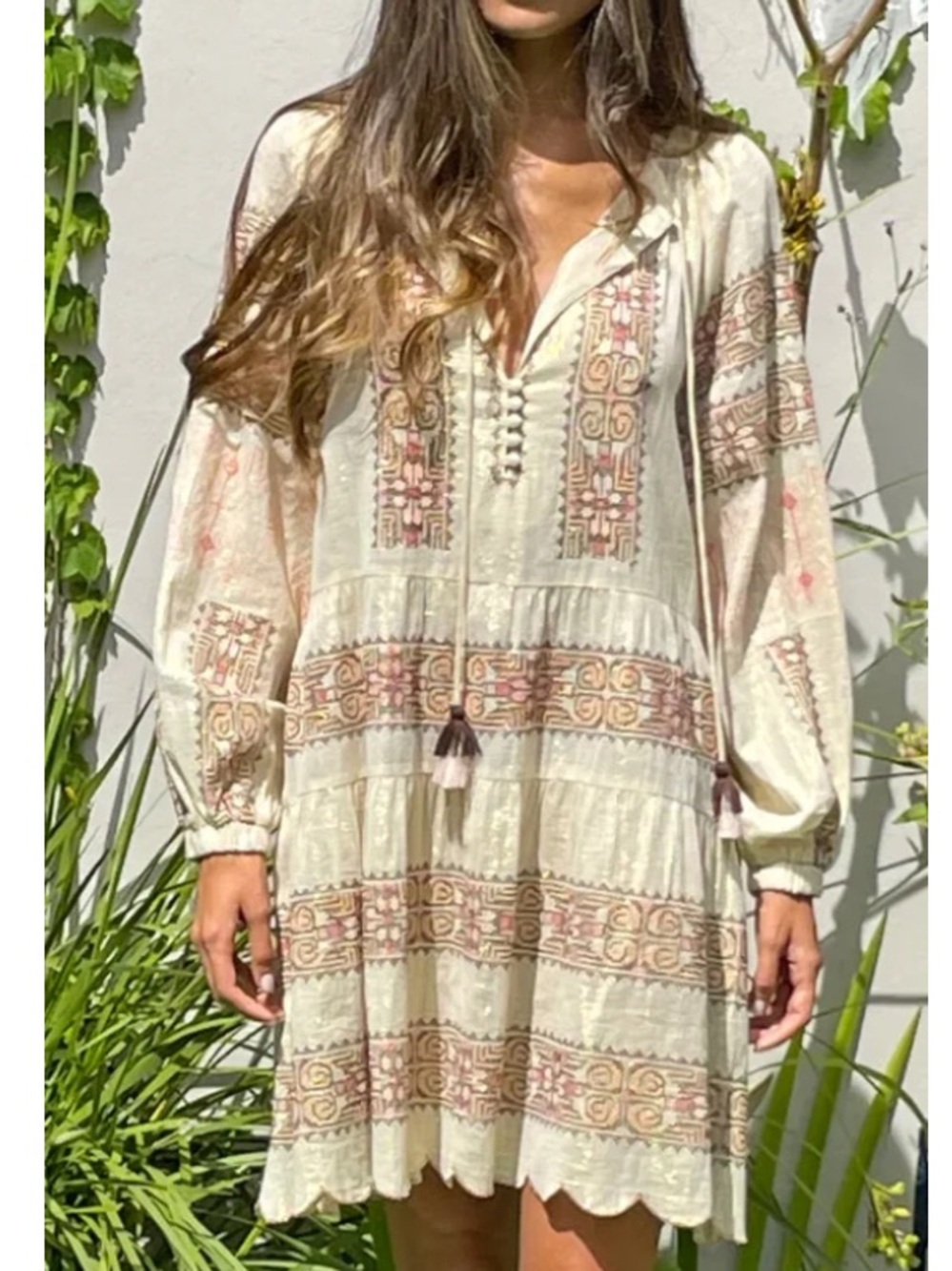 NWT Rose and Rose Ravello Embroidered Metallic Cream Boho Mini Boho Hippie Dress